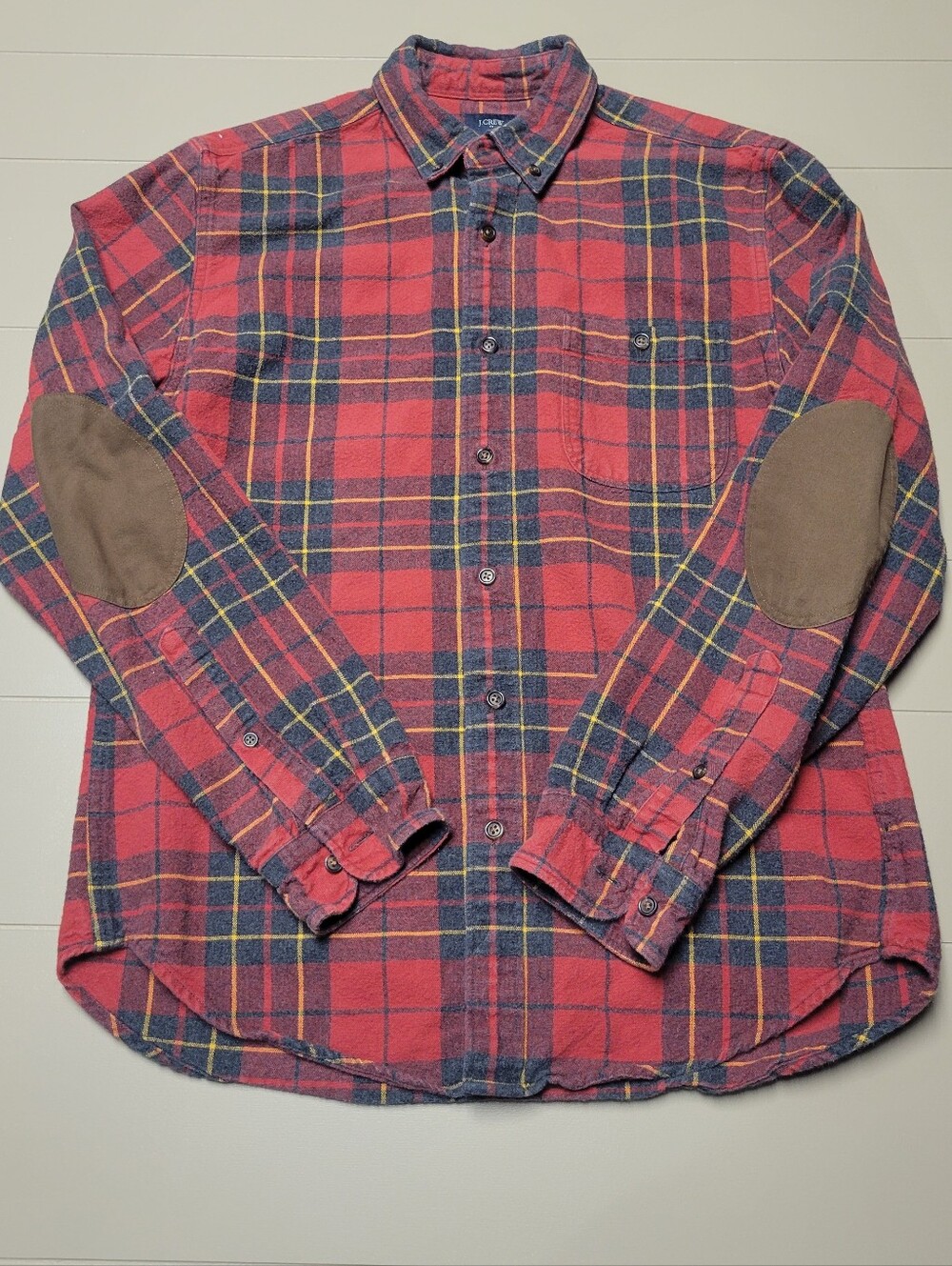 J. Crew Red and Navy Plaid Button-Down Shirt with Brown Elbow Patches